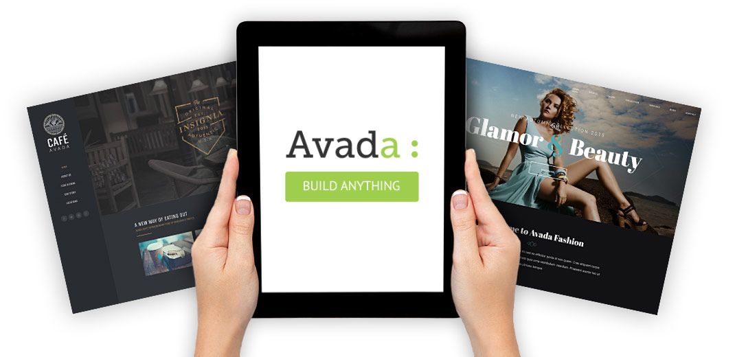 Hands holding a tablet displaying 'Avada: Build Anything' with website previews in the background.