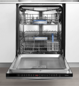 A modern dishwasher with an open door, showing neatly arranged dishes, glasses, and utensils inside, ready for cleaning.