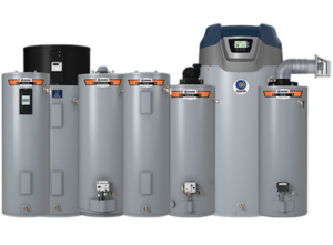Different sizes of State water heaters displayed, ranging from small to large models, showing options for various household needs and capacities.