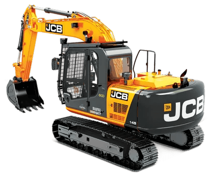 A yellow and black JCB excavator on tracks.