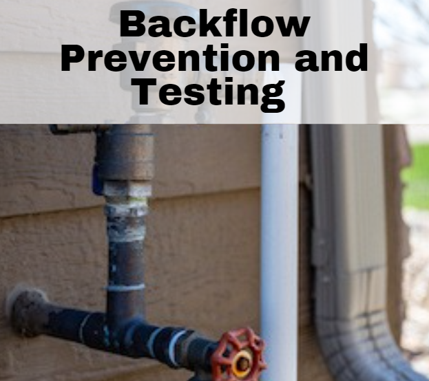 A photo of a house and outside spigot and information about back flow testing.