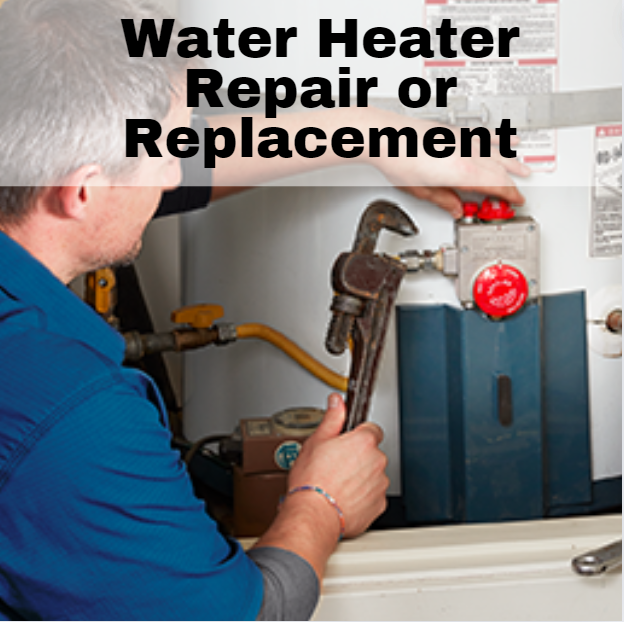 A photo of a plumber working on a water heater with wrench.