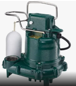 Close-up of a Zoeller sump pump, showcasing its robust, cast-iron construction. The pump features a green finish with a sturdy base and a vertical float switch for automatic operation. Various connectors and the Zoeller logo are visible, emphasizing the brand's quality and durability in water removal solutions.